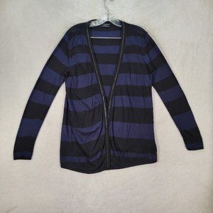 Y2K Guess Navy Striped Knit Slim Fit Chain Open Lightweight Cardigan Sweater